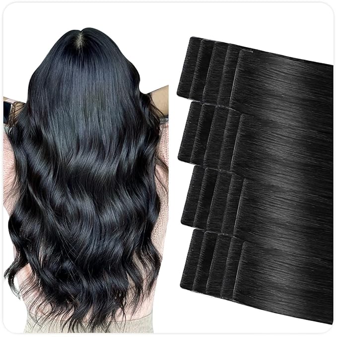 SUYYA Invisible Tape in Hair Extensions Human Hair Jet Black Seamless Injected Hand-Tied Pro Quality Virgin Human Hair 20PCS 50G/Pack Straight Tape Ins(20 inch #1 Jet Black)
