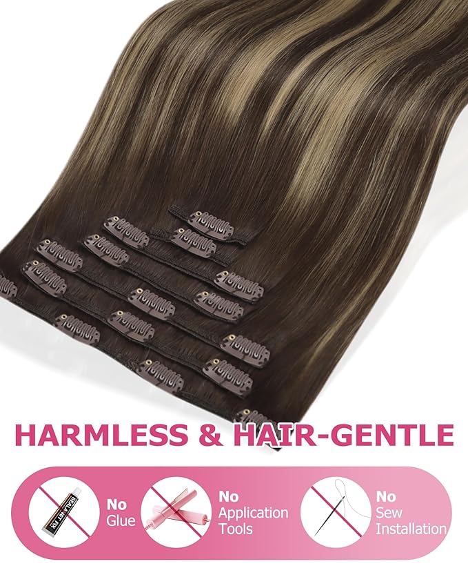 YoungSee Clip in Human Hair Extensions Balayage Brown Hair Clip in Extensions Chocolate Brown Balayage Caramel Blonde Clip Hair Extension Real Human Hair Long Straight for Women 120G 7Pcs 24Inch