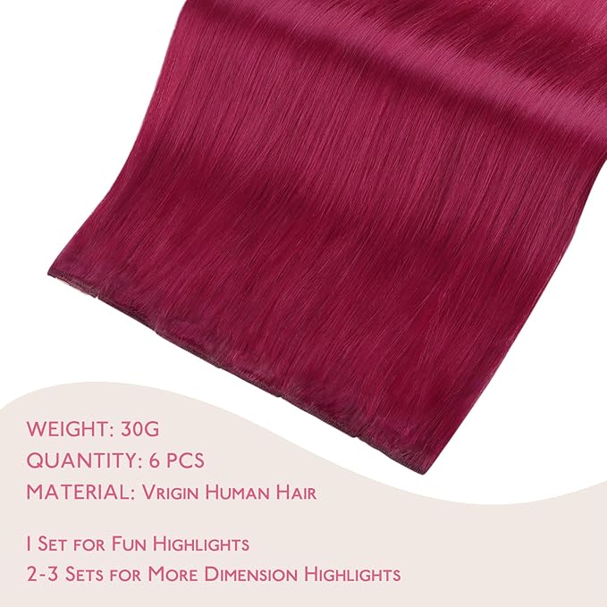 WENNALIFE Burgundy Red Clip in Hair Extensions Real Human Hair 35g 6pcs 18 Inch Colored Hair Extensions for Kids Women Colorful Hair Pieces Pop-up Style Straight Extensiones De Cabello Humano Con Clip