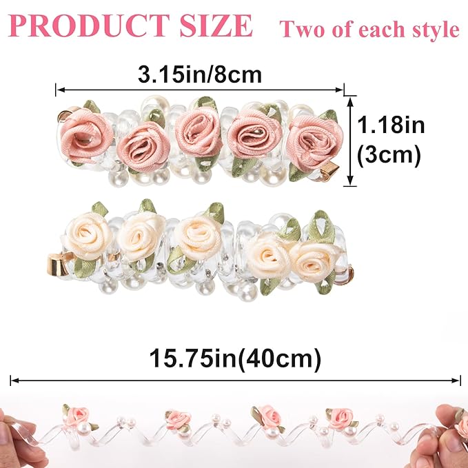 4PCS Rose Bead Spiral Hair Ties, 2 Colors Floral Phone Cord Ponytail Holders for Women, Elegant Rubber Hair Coils, Stylish Hair Accessories for Party, Daily Use - White, Pink Flower