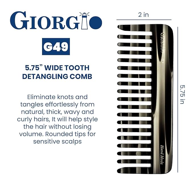 Giorgio G49 Graphite, Large Hair Detangling Comb, Wide Teeth for Thick Curly Wavy Hair. Detangler Comb For Wet and Dry. Handmade of Quality Cellulose, Saw-Cut, Hand Polished