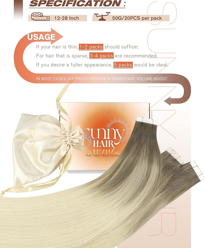Sunny Hair Tape in Hair Extensions Real Human Hair Invisible Remy Hair Extensions Tape ins for Women Light Brown Root to Platinum Blonde Balayage 12 inch 20Pcs