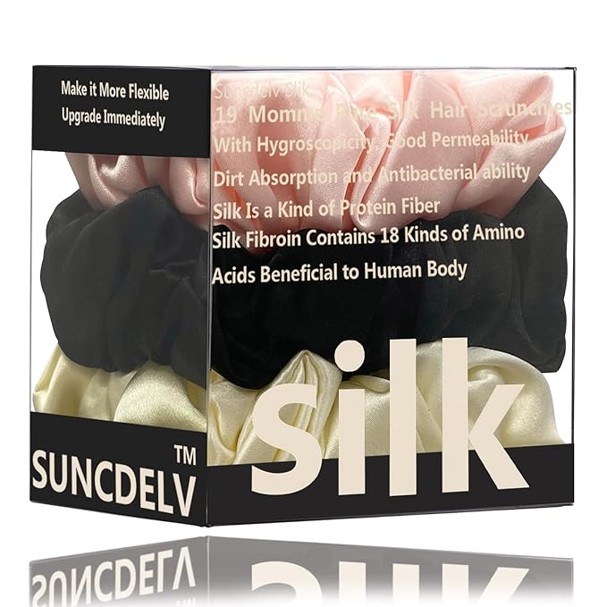 Suncdelv Silk,100% Silk Scrunchies for Hair,22 Momme Hair Ties for Anti-Crease & Breakage,Natural Women Hair Accessories，Fashion Hairbands 3PCS（White,Black,Pink）
