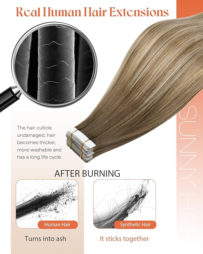 Sunny Hair Tape in Hair Extensions Human Hair, Human Hair Tape in Extensions Light Brown Balayage Blonde Hair Extensions Real Human Hair Tape in 16Inch 50g
