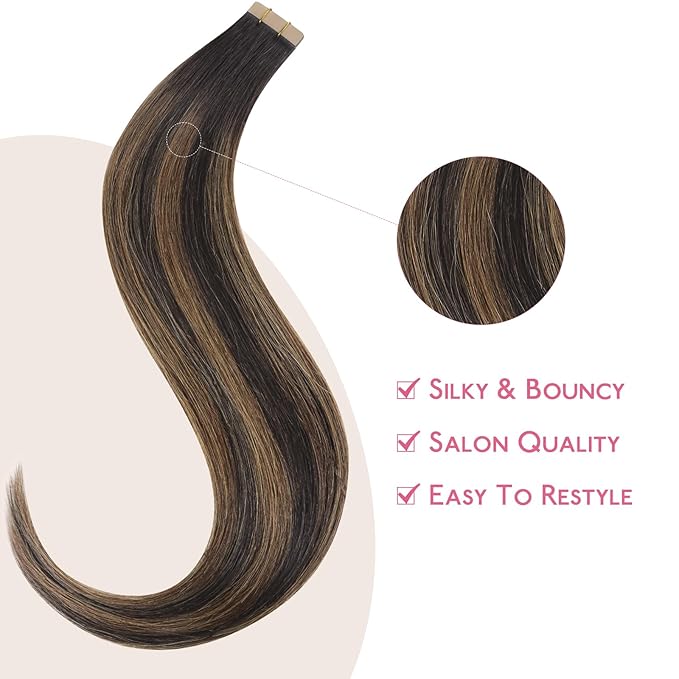 WENNALIFE Tape in Hair Extensions Human Hair Balayage Dark Brown Mixed Chestnut Brown Tape in Extensions, 10pcs 30g 24 inch Remy Invisible Tape Ins Straight Soft Real Human Hair Tape in Extensions