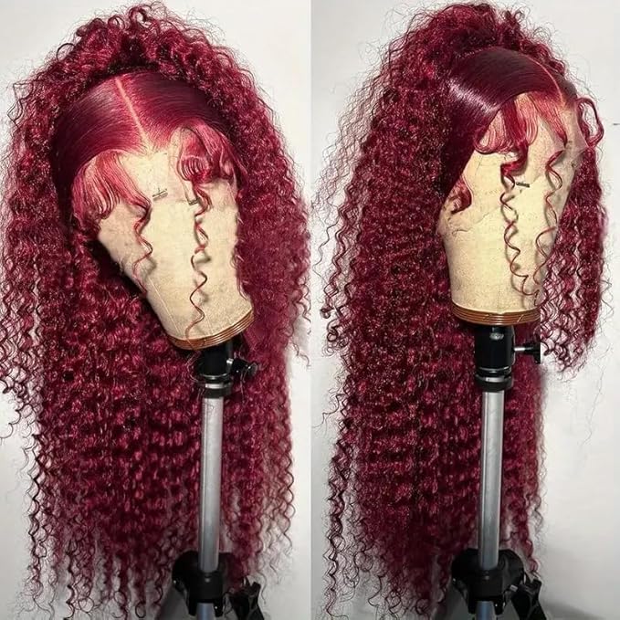 Burgundy Wig Human Hair Hidden Strap 99j Burgundy 360 Full Lace Front Wigs Human Hair Invisible Strap Pre Plucked Bleached Konts Deep Wave Lace Frontal Wig with Drawstring Curly Glueless Wigs(20inch)
