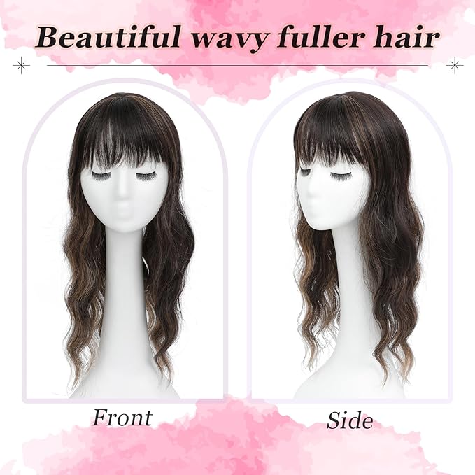 Hair Topper, 360° 3D Hair Toppers for Women with Thinning Crown, 20 Inch Long Wavy Curly Hair Pieces Clip in Bangs (Dark Brown Mixed Chestnut, 20 inch, French Bangs)
