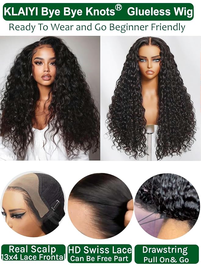 KLAIYI Water Wave HD Real Scalp Glueless Precut 13x4 Lace Front Human Hair Wig Drawstring Bye Bye Knots Pre Plucked Bleached Pre Everything 30S Ready to Wear and Go Deep Curly Wave Beginner Wig 20Inch