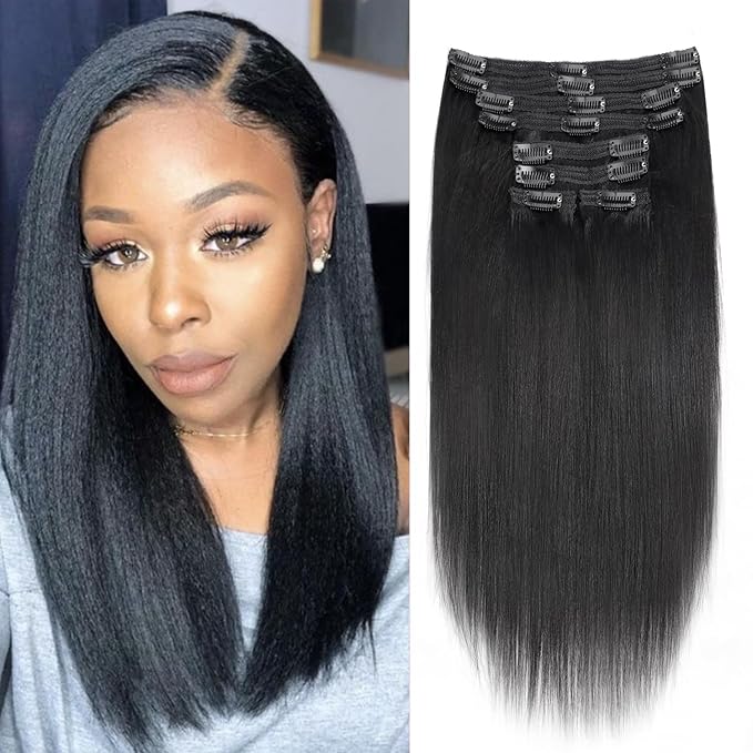 12 Inch Yaki-Straight Clip ins Real Human Hair Affordable Yaki Straight Clip in Human Hair Extensions Brazilian Virgin Hair clip on Hair 18Clips Per Set 120G