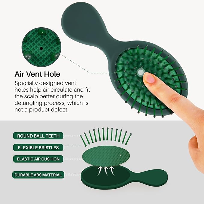 RHOS Mini Hair Brush for Women,Men and Kids-Travel Size Hair Brush for Purse,Pocket,backpack-Small Cushion Paddle Brush with Soft Bristles-Mini Detangler Brush for All Hair Types(1 Pack-Green)