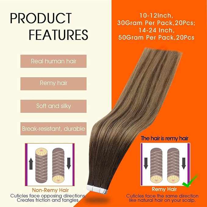 Full Shine Tape in extensions 22Inch Tape ins Human Hair extensions 50Gram Color 2 Dark Brown Ombre 27 Caramel Blonde And 3 Brown Invisible Human Hair Straight Skin Weft 20Pcs Seamless Remy Extension