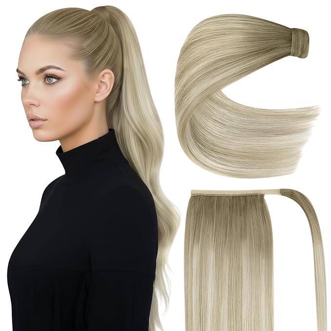 Ve Sunny Hair Extensions Ponytail Real Human Hair Wrap Around Clip in Ponytail Hair Extensions Straight Extensions Human Hair for Women Ash Grey Balayage Platinum Blonde 18inch 80G