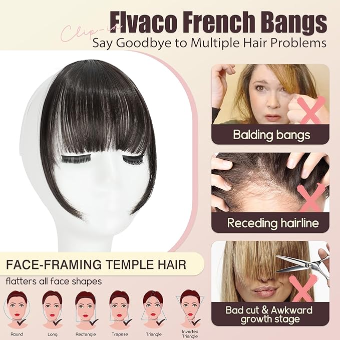 Clip in Bangs, Synthetic Wispy Bangs Hair Clip, Dark Brown Fake Bangs Fringe with Temples Hairpieces for Women Natural Curved Hair Extensions for Daily Wear