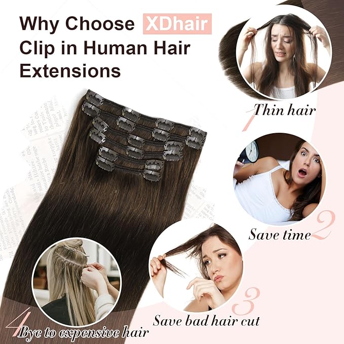 XDhair Clip in Hair Extensions Human Hair 100g 16 Inch Dark Brown Human Hair Extensions Clip ins Hair Extension Real Human Hair Silky Straight Hair #2 16 Inch