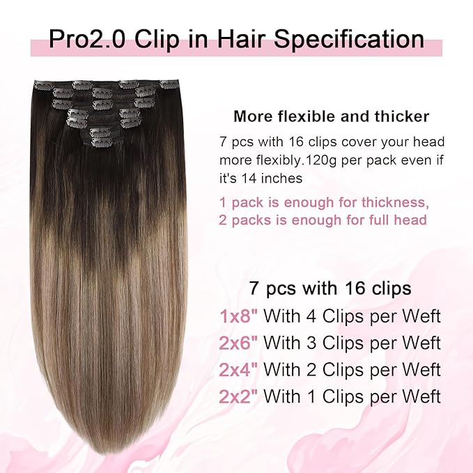 Pro2.0 Remy Clip in Extensions Real Human Hair Color #2/6/18 Dark Brown to Dirty Blonde Remy Clip in Hair Extensions Real Human Hair 18inch 120g Thick 7pcs Double Weft（#2/6/18-18inch）