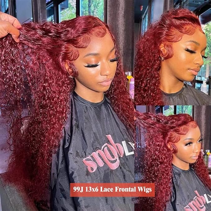 99J Burgundy 13x6 Lace Front Wigs Human Hair 28 Inch Red Burgundy Wig 200% Density Deep Wave Lace Front Wigs Human Hair Pre Plucked Glueless Lace Frontal Wigs for Women