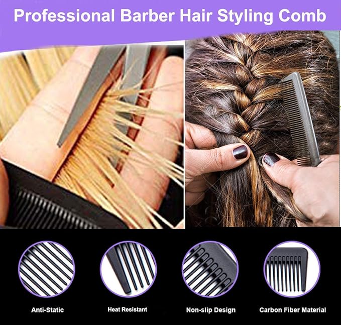 3 Pack Carbon Fiber Cutting Comb - Professional 8.15' Styling Comb for All Hair Types, Fine and Wide Tooth