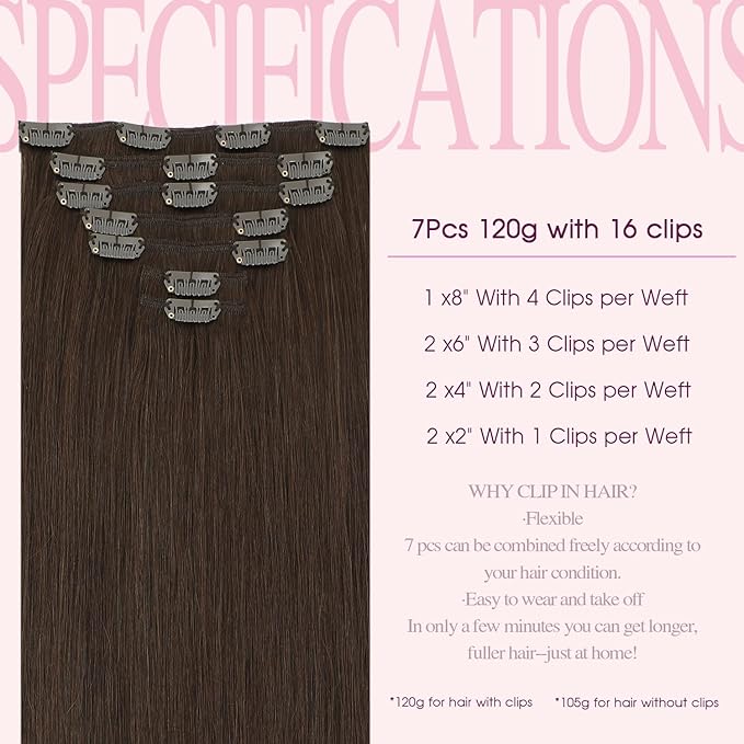 PINKPEARL Human Hair Clip in Hair Extensions 18inch #4 Chocolate Brown Clip in Hair Extensions Real Human Hair 7pcs 120g Natural Human Hair Clip ins for Women(#4-18)