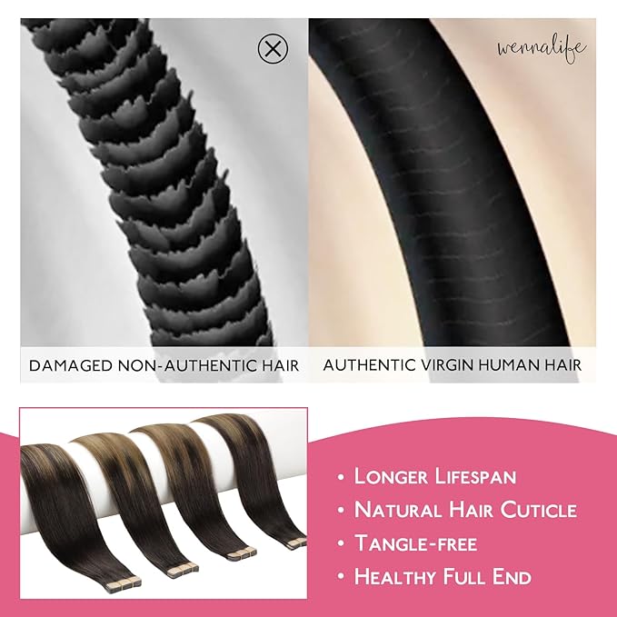 WENNALIFE Tape in Hair Extensions Human Hair Dark Brown to Chestnut Brown and Dirty Blonde Highlighted, 10pcs 20g 12 inch Remy Invisible Tape Ins Straight Colored Soft Refill Set