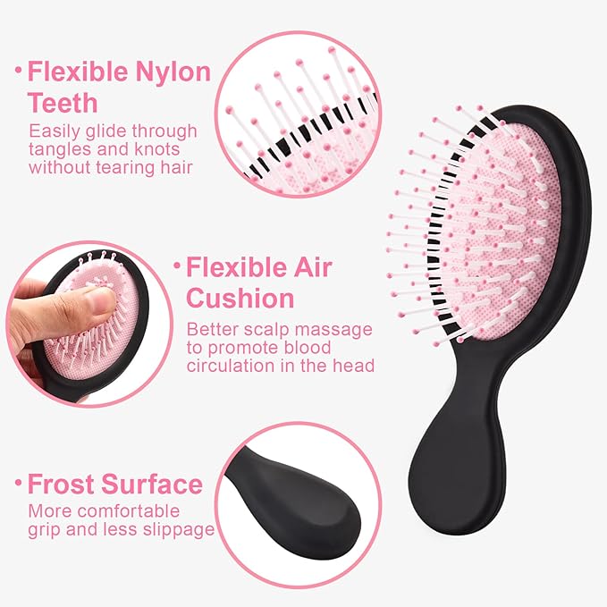 Mini Hair Bursh for Women Men and Kids, Protable Travel Size Hair Brush for Pockets Purse backpack, Mini Detangler Brush for All Hair Types, Small Hair Brush for Detangling(Black&Pink)