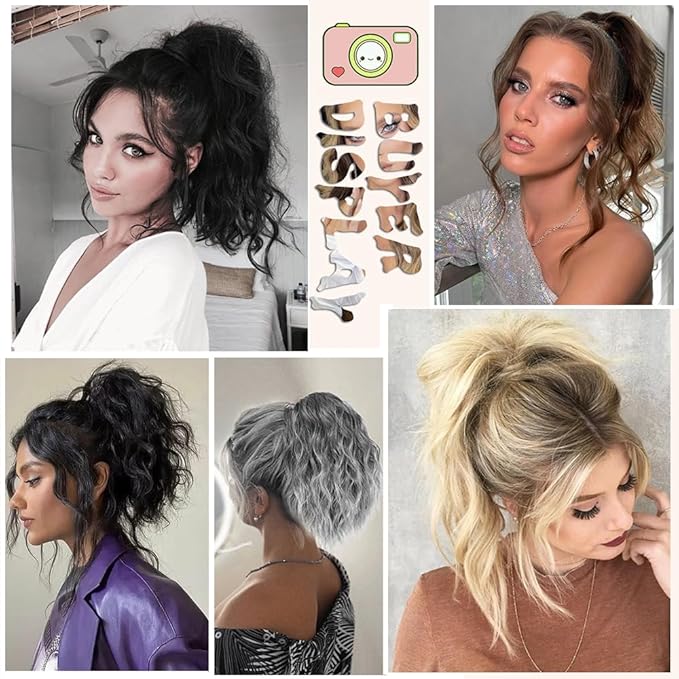 Ponytail Extension-12 Inch Drawstring Ponytail Hair Extensions for Women Synthetic Curly Wavy Fake Pony Tails Hair Pieces for Daily Party Use (Mixed Brown)