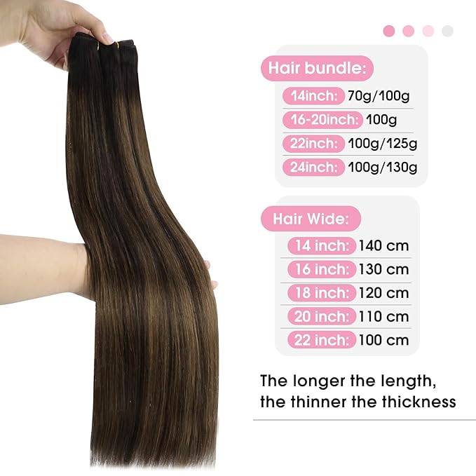 YoungSee Weft Hair Extensions Balayage Sew in Hair Extensions Dark Brown Mix Medium Brown Sew in Hair Extension Real Human Hair Short Straight Hair One Bundle 14In 70G
