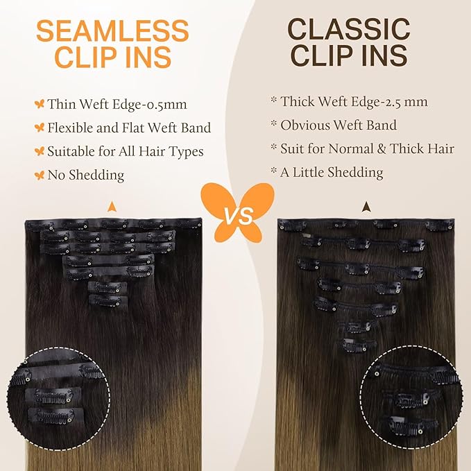 DOORES Hair Extensions Real Human Hair, Chocolate Dip Color Melt 110g 7pcs 22 Inch, Human Hair Extensions Seamless Clip in Thin Weft Remy Straight Hair Invisi Edge Hair Extensions