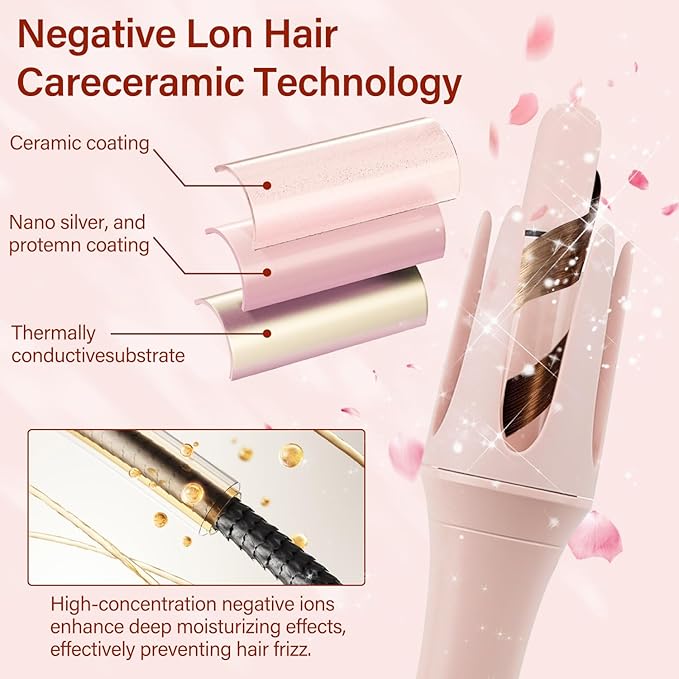 JAMIEWIN 3 in 1 Automatic Curling Iron, Hair Curlers with 3 Curling Barrels (1.1" - 1.26" - 1.57"), Rotating Curling Iron with 3 Temp, 2-Way Rotation, 10S Fast Heating, Anti-Scald, Dual Voltage, Pink