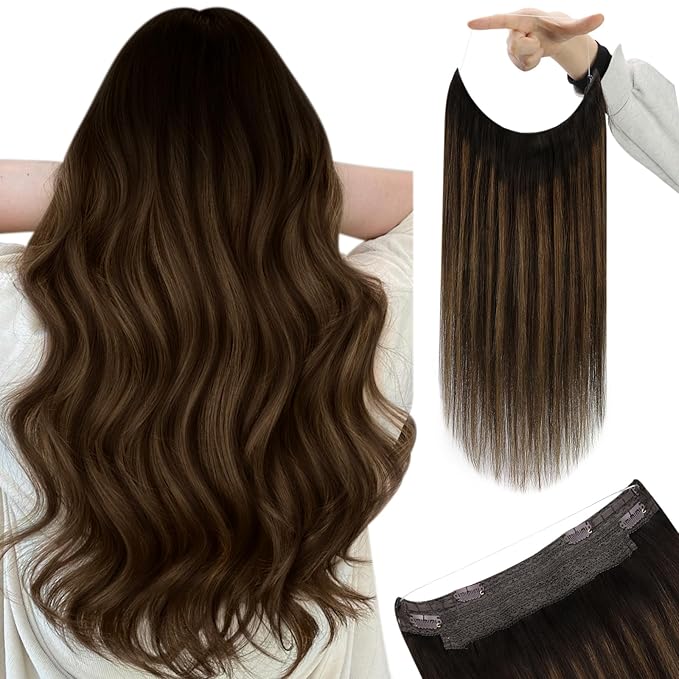 YoungSee Wire Human Hair Extensions Brown Wire Hair Extensions Human Hair Balayage Darkest Brown with Medium Brown Fish Line Hair Extension Real Human Hair 80G 16In