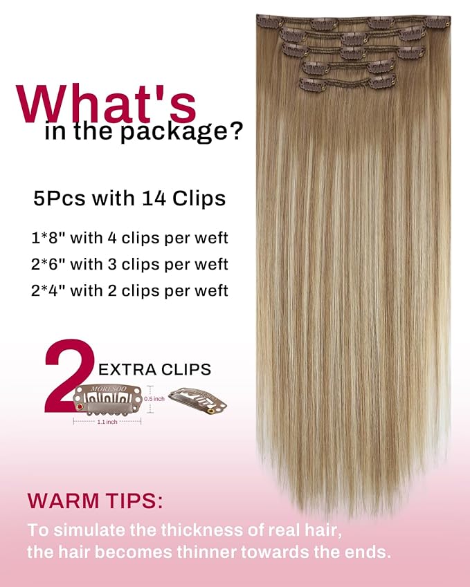 Moresoo Light Brown Balayage Hair Extensions Clip in Light Brown to Medium Brown Human Hair Clip in Extensions Straight Long to Add Length Double Weft 80g/5pcs 20inch for Wedding