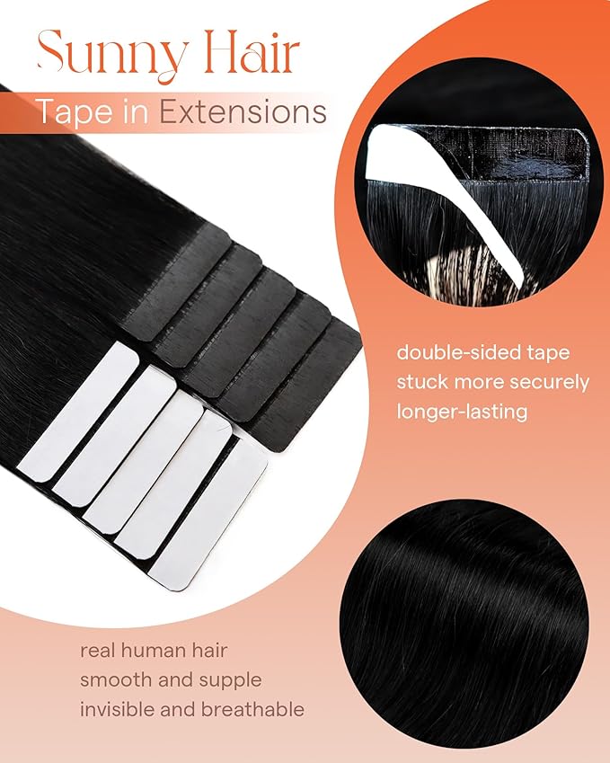 Sunny Hair Tape in Hair Extensions Real Human Hair Invisible Remy Hair Extensions Tape ins for Women Jet Black 12 inch 20G