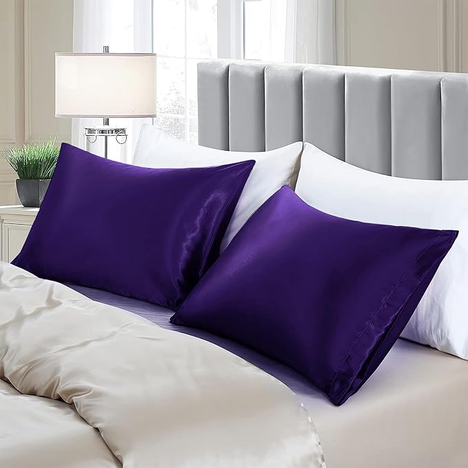 Aormenzy Satin Pillow Cases for Women Standard Size Set of 2, Purple Satin Pillowcase for Hair with Envelope Closure Silky Pillow Covers Wrinkle, Fade Resistant (20x26 Inches)