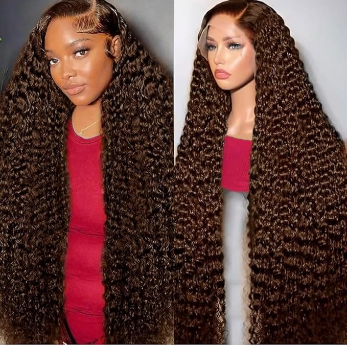 32 Inch Chocolate Brown Deep Wave Lace Front Wigs Human Hair Pre Plucked 200% Density 13x6 HD Lace Frontal Wigs with Baby Hair Deep Curly Wet and Wavy Glueless Wigs for Women (4# Brown, 32 Inch)