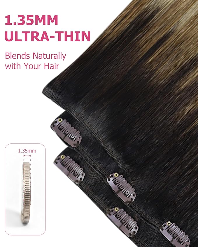 YoungSee 150g 24 inch Clip in Hair Extensions Real Human Hair Balayage Dark Brown Ombre Medium Brown with Blonde Human Hair Extensions Clip ins Balayage Clip on Hair Extensions for Women 7pcs