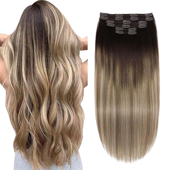 XDhair Human Hair Clip in Extensions 100g 6pcs Balayage Clip in Hair Extension Ombre Hair Extensions Clip ins Dark Brown to Dirty Blonde 14 Inch #2/6/18