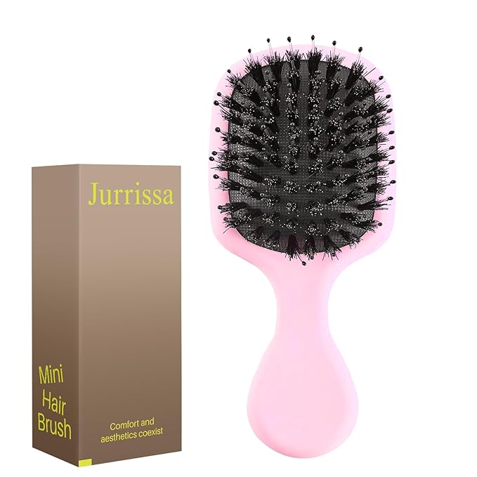 Mini Boar Bristles Hair Bursh, Travel Size Hair Brush for Women Men Kids, Protable Small Hair Brush for Pockets Purses, Mini Detangler Brush for Smooth Add Shine(Pink)