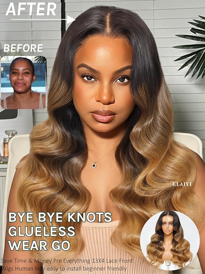 KLAIYI Ombre Highlight Blonde Loose Wave Pre Everything Glueless 13x4 Lace Front Wigs Human Hair Drawstring Balayage Brown Pre Cut Pre Plucked Bleached Ready to Wear and Go Wig with Dark Roots 16Inch