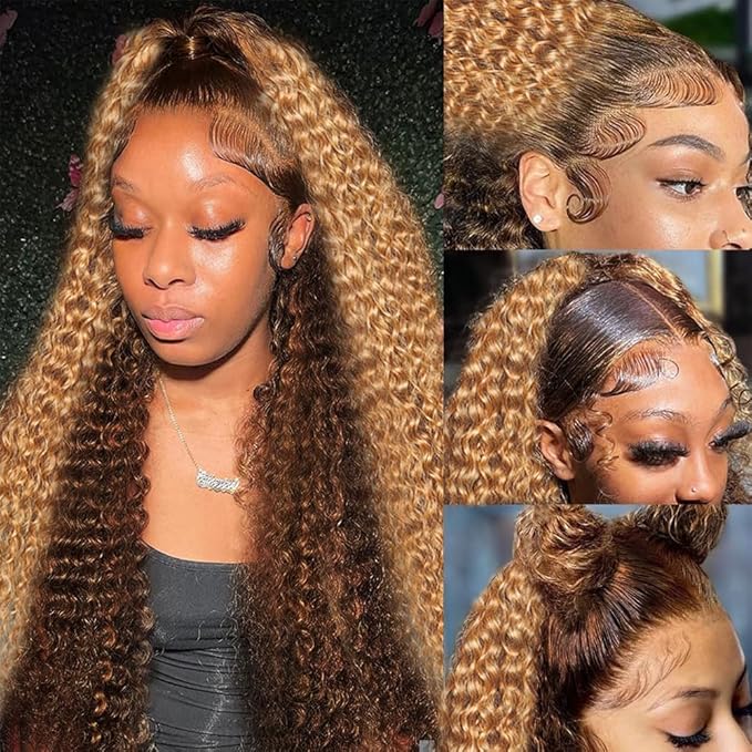 AMIRTY 360 Lace Front Wigs Human Hair Pre Plucked Honey Blonde 4/27 Deep Wave Lace Front Wigs with BabyHair Full 360 HD Transparent Drawstring Wig Human Hair Lace Front Human Hair Wigs for Women