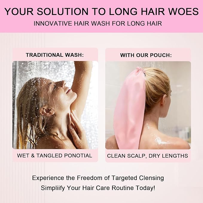 Waterproof Hair Sleeve for Long Hair, Crown Washing Shower Cap Ponytail, Reusable Adjustable, Quick Root Refresh for Shower Gym Travel Pool Beach, Time Saver (Pink, 2PC)