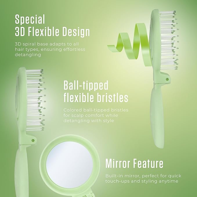 Mini Detangler Travel Hair Brush with Mirror, Makaron Hair Brushes for Women, Men and Kids, Unique 3D Flexible Design for All Hair Types, Styling Accessory, Travel Essentials for Women (GREEN)
