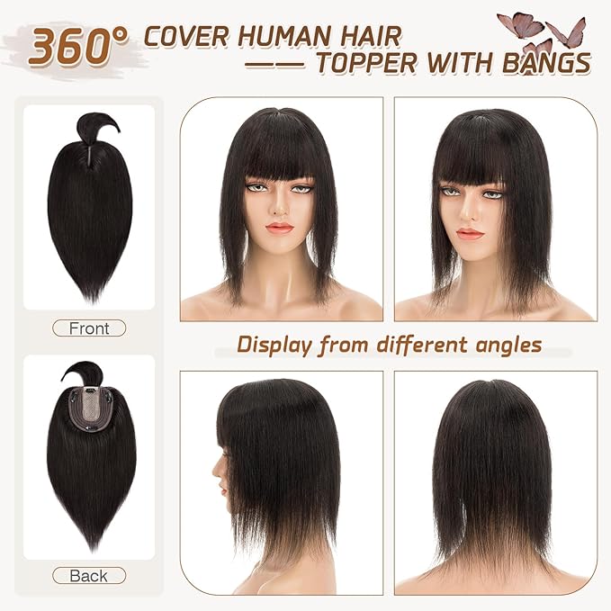 Rich Choices Real Human Hair Toppers for Women With Bang 100% Remy Human Hair Topper for Thinning Hair Clip in Silk Base Hair Topper 14 Inch #1B Natural Black