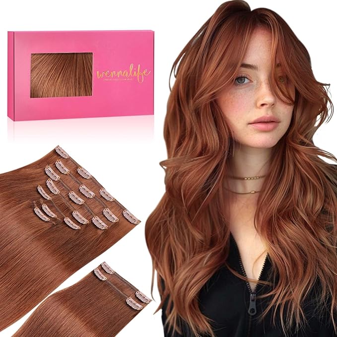 WENNALIFE Clip in Hair Extensions Real Human Hair, 24 Inch 150g 9pcs Human Hair Extensions Clip In, Dark Auburn Copper Hair Extensions Clip In Real Hair Coloured Remy Human Hair Extensions