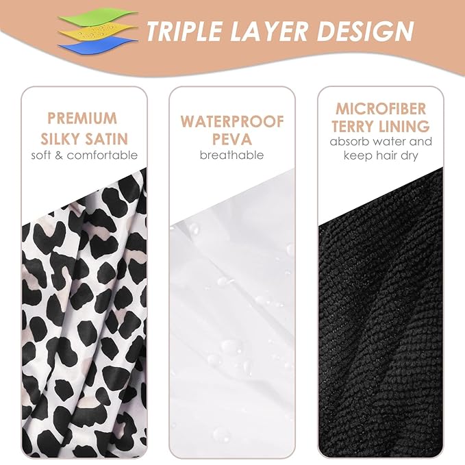 Aquior Shower Cap,Extra Large Triple Layer Bathing Cap with Dry Hair Function for Women Microfiber Terry Cloth Silky Satin 100%% Waterproof Reusable Long Hair Bath Caps (Leopard)