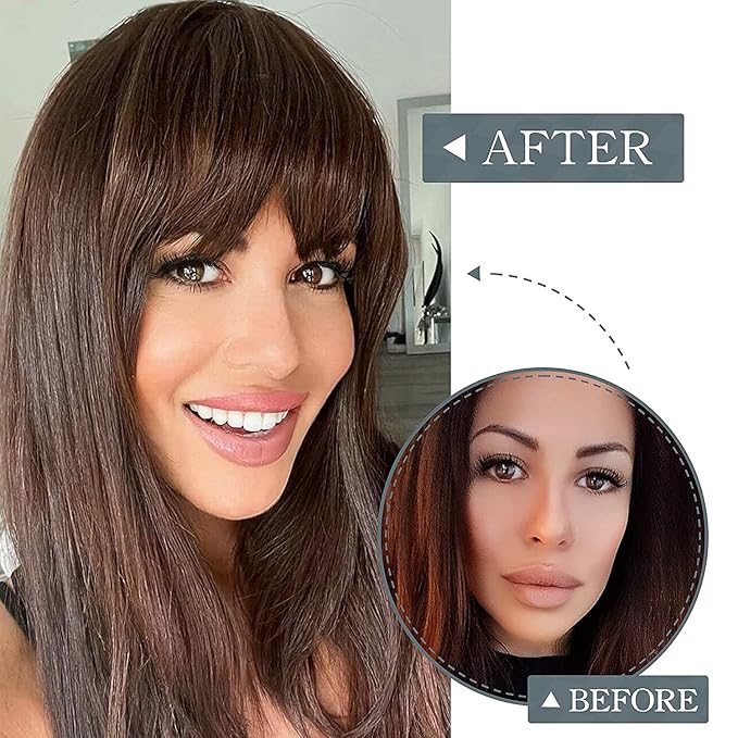 BARSDAR Human Hair Clip in Bangs - 100% Real Hair Extensions for Women - Dark Brown Thick Fringe With Temples Hairpieces
