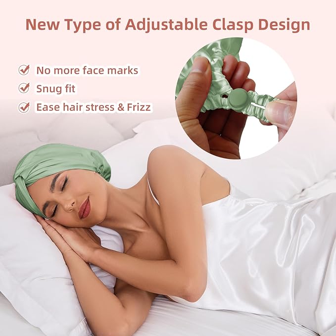 Adjustable Silk Satin Hair Bonnet for Sleeping Women, Double Layer, Silk Hair Wrap for Sleeping Women Men, Curly Natural Braid Straight Unisex - Green