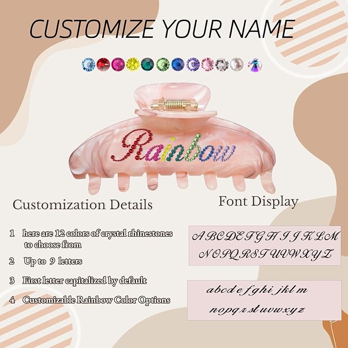 Personalized Colorful Name Hair Claw Clips for Women,Custom Hair Clips with Diamond,Cute Hair Accessories 4",Handmade Rhinestones Hair Clamp Gifts for Mom,Bride,Wife,Bridesmaid,Couples（Marble）