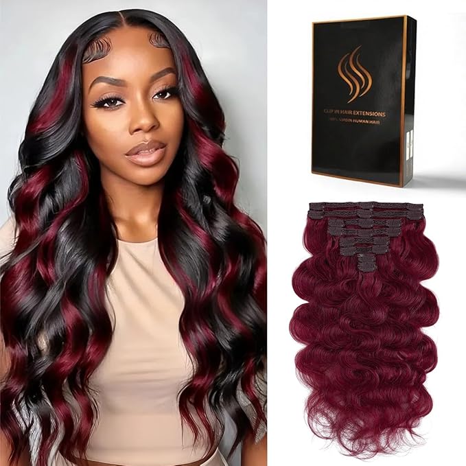 Clip in Hair Extensions Real Human Hair Body Wave 99J Burgundy Clip in 100% Brazilian Remy Human Hair Extensions 8pcs Per Set with 18 Clips Double Weft 20 Inch 105g/3.6oz