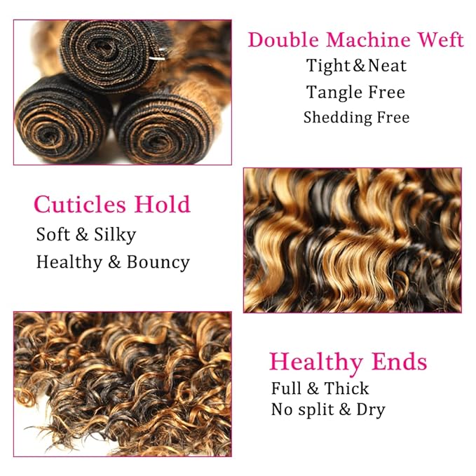30 32 34 Inch P1B30 Bundles Human Hair Highlight Deep Wave Bundle Brazilian Virgin Remy Hair Extensions Niegmeag 2 Tone Black and Light Brown Deep Wave Bundle 300g