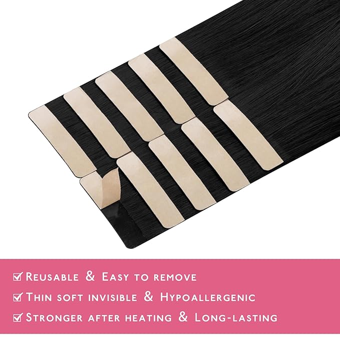 WENNALIFE Tape in Hair Extensions Human Hair Jet Black Tape in Extensions, 10pcs 30g 26 inch Remy Invisible Tape Ins Straight Colored Soft Real Human Hair Tape in Extensions Refill Set Extensions