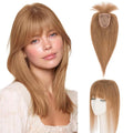 Hairro Human Hair Toppers with Wispy Bangs, 3.5x4.7" Hand-wovened Base for Women with Thinning Hair, Lightweight & Breathable Realistic Scalp, Clip-in Hairpieces for Easy Wear, 12 Inch Blondish Brown
